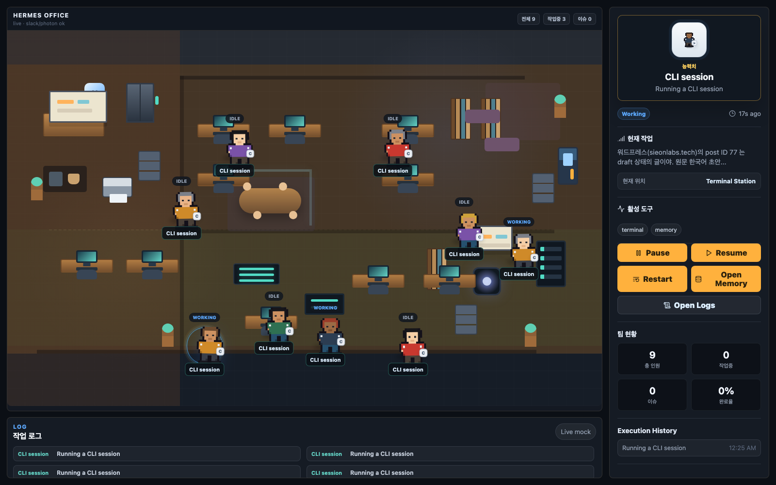 Hermes Agent Office pixel-art dashboard showing live CLI sessions