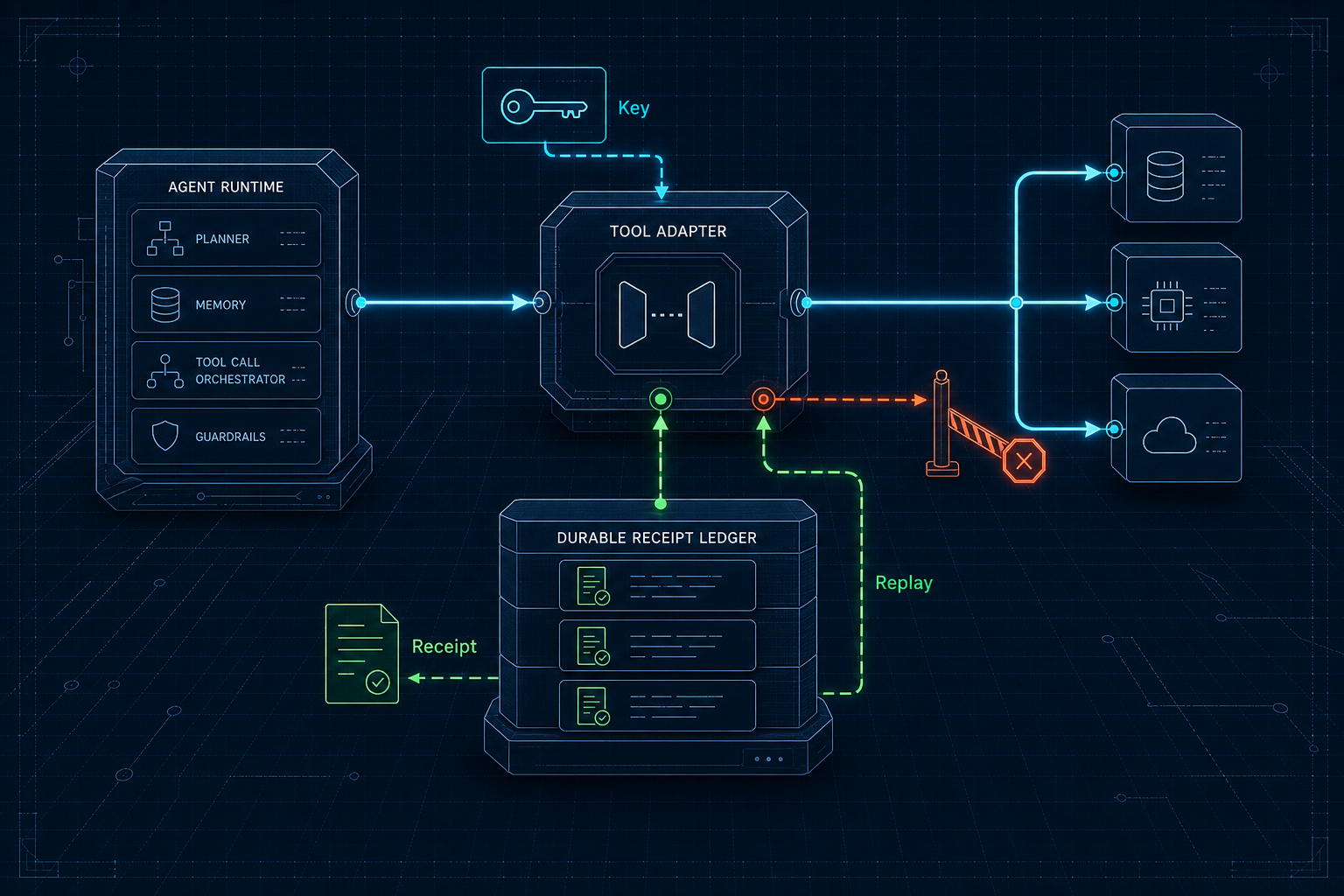 Original architecture diagram of an idempotency contract around agent tool calls