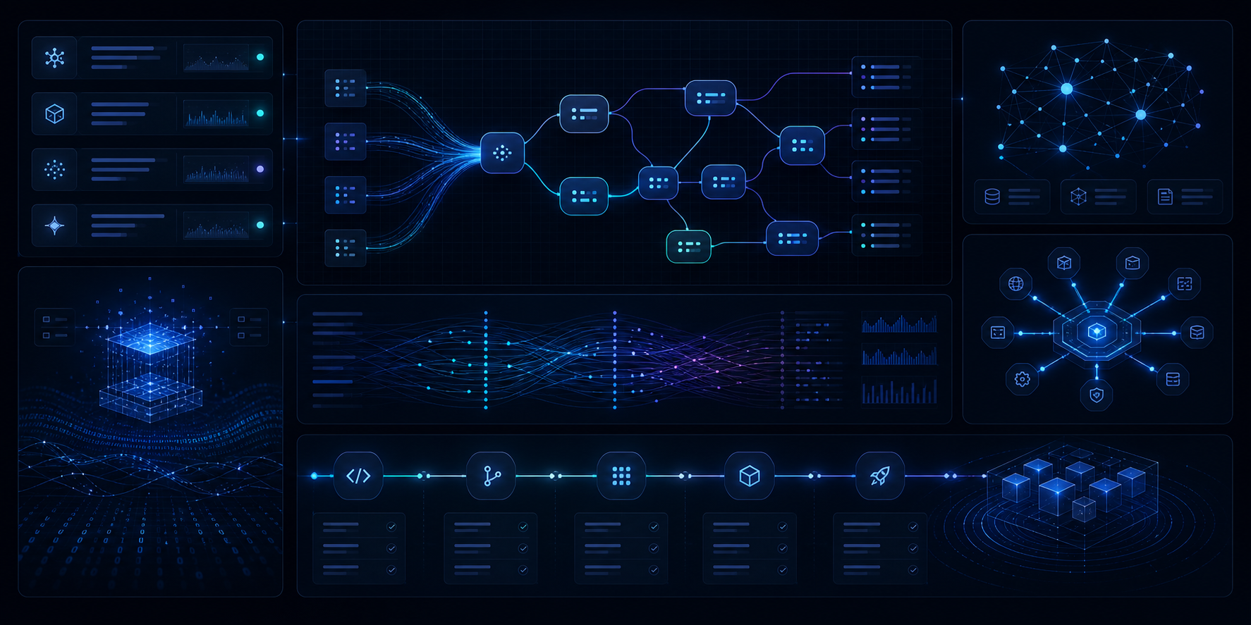 Abstract production AI platform dashboard showing agent runtimes, memory graphs, observability traces, and deployment pipelines